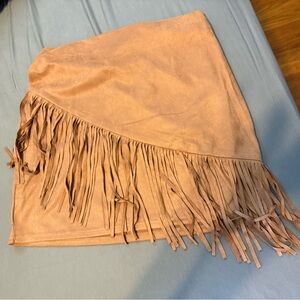 Fringe Mini Skirt in Tan Faux Suede